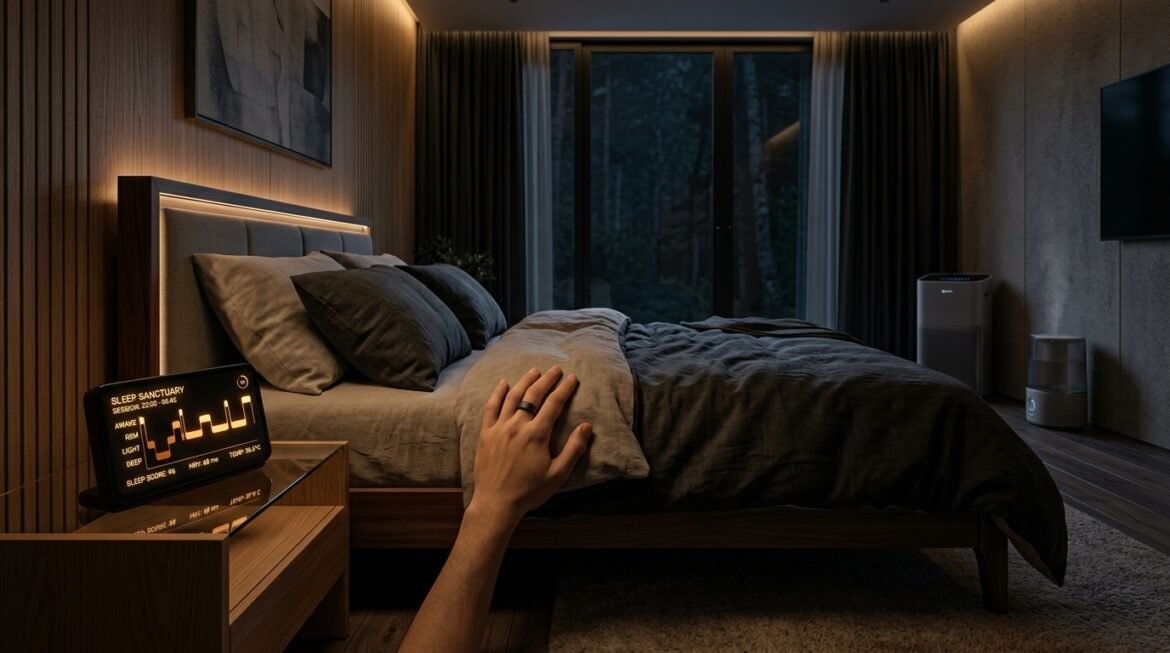 Modern luxury sleep biohacking bedroom with amber circadian night lighting and smart biometric sleep tracker ring