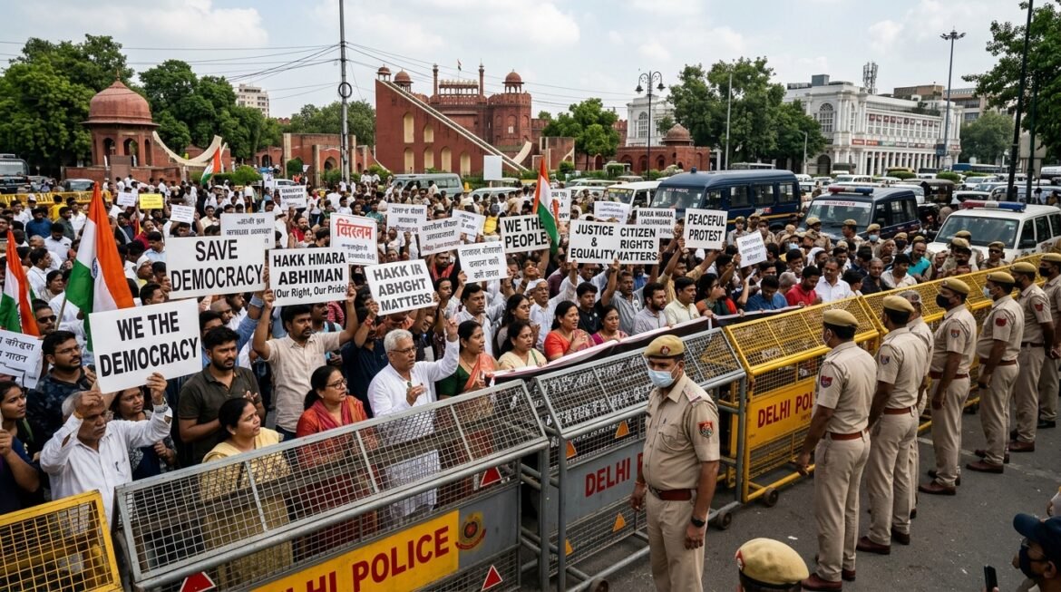 Delhi Police barricades and peaceful civic assembly at Jantar Mantar New Delhi on October 10 2026