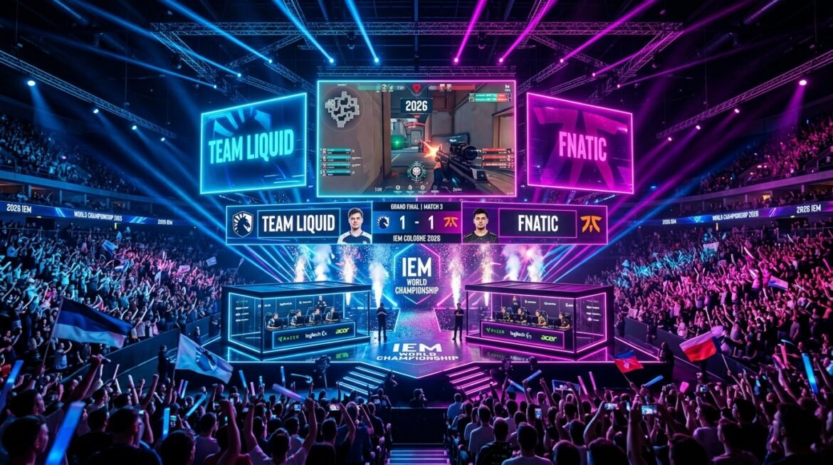 Electrifying esports championship stadium arena with holographic screens and roaring crowd