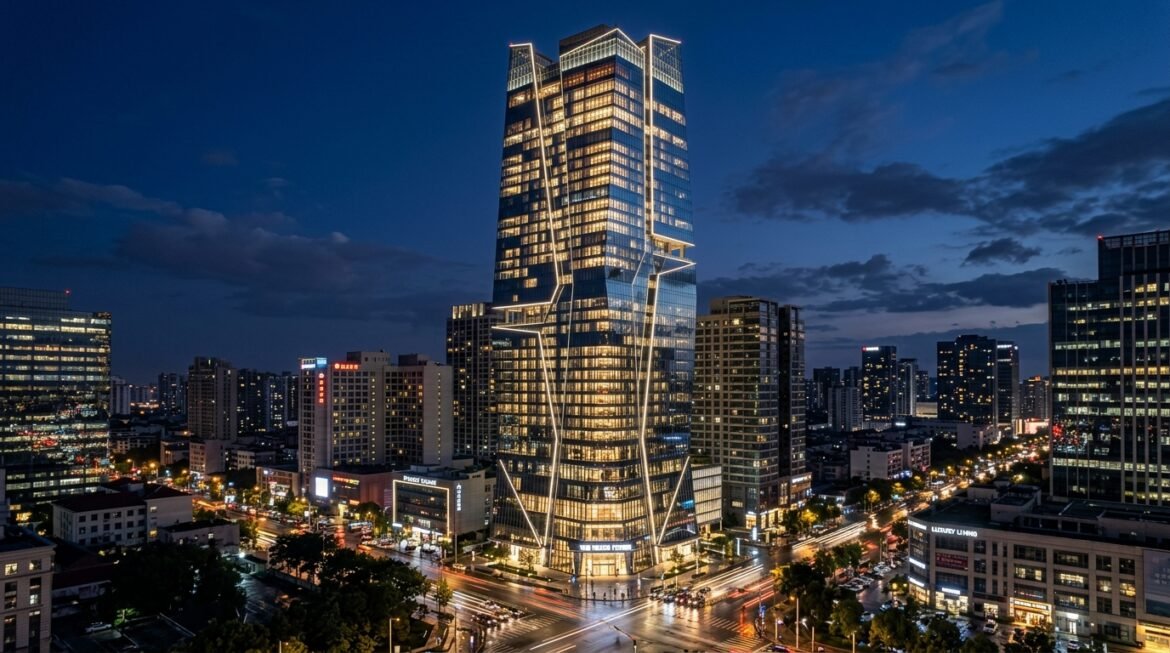 Illuminated luxury glass commercial skyscraper tower in financial district at twilight