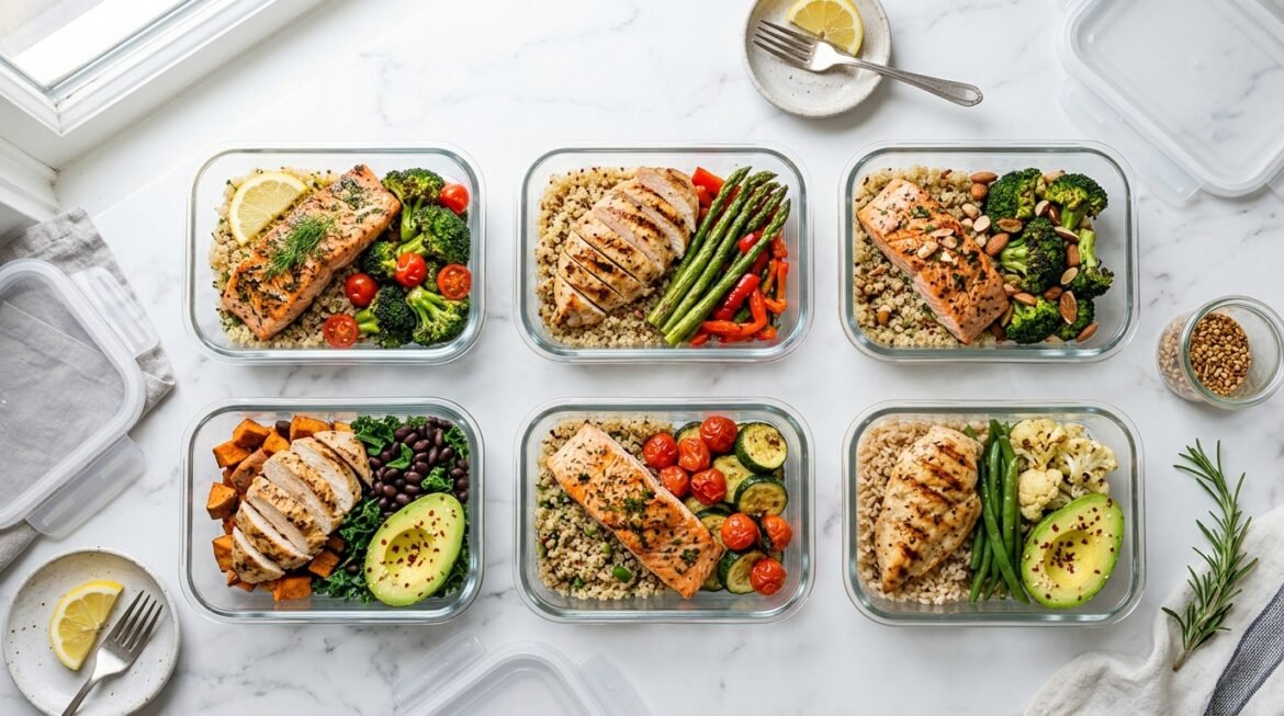 Overhead view of healthy high-protein meal prep containers with grilled salmon chicken breast and quinoa on white marble