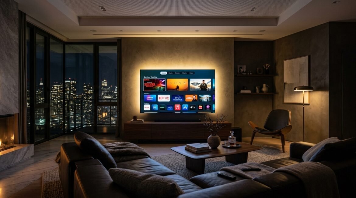Moody modern living room with 85-inch OLED TV displaying streaming services menu with warm bias lighting