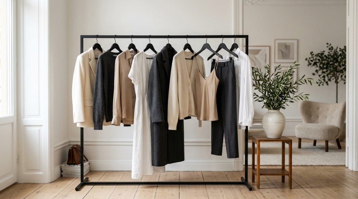 Minimalist aesthetic capsule wardrobe clothing rack in neutral tones in a modern Scandinavian apartment