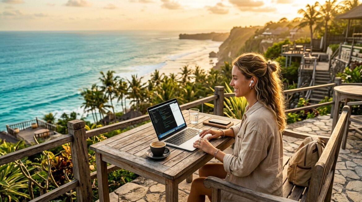Digital nomad working on laptop overlooking turquoise ocean in Bali during sunset
